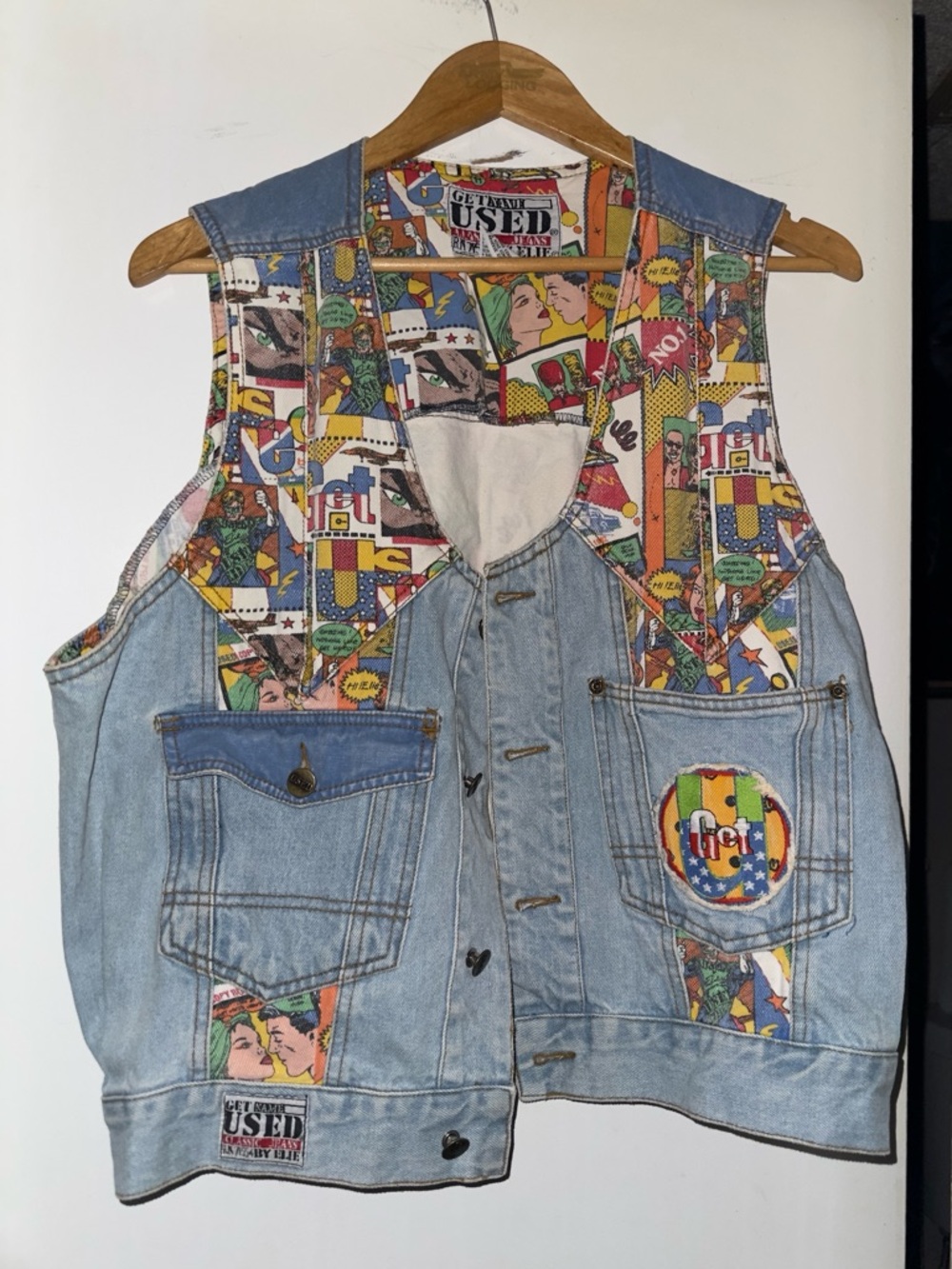 Vintage-Inspired Light Blue Denim Vest with Multicolor Comic Print (unisex )